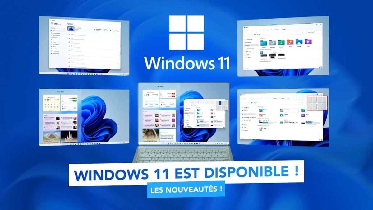 Montage promotionnel Windows 11 avec logo Microsoft et captures d’écran des nouvelles fonctionnalités du système