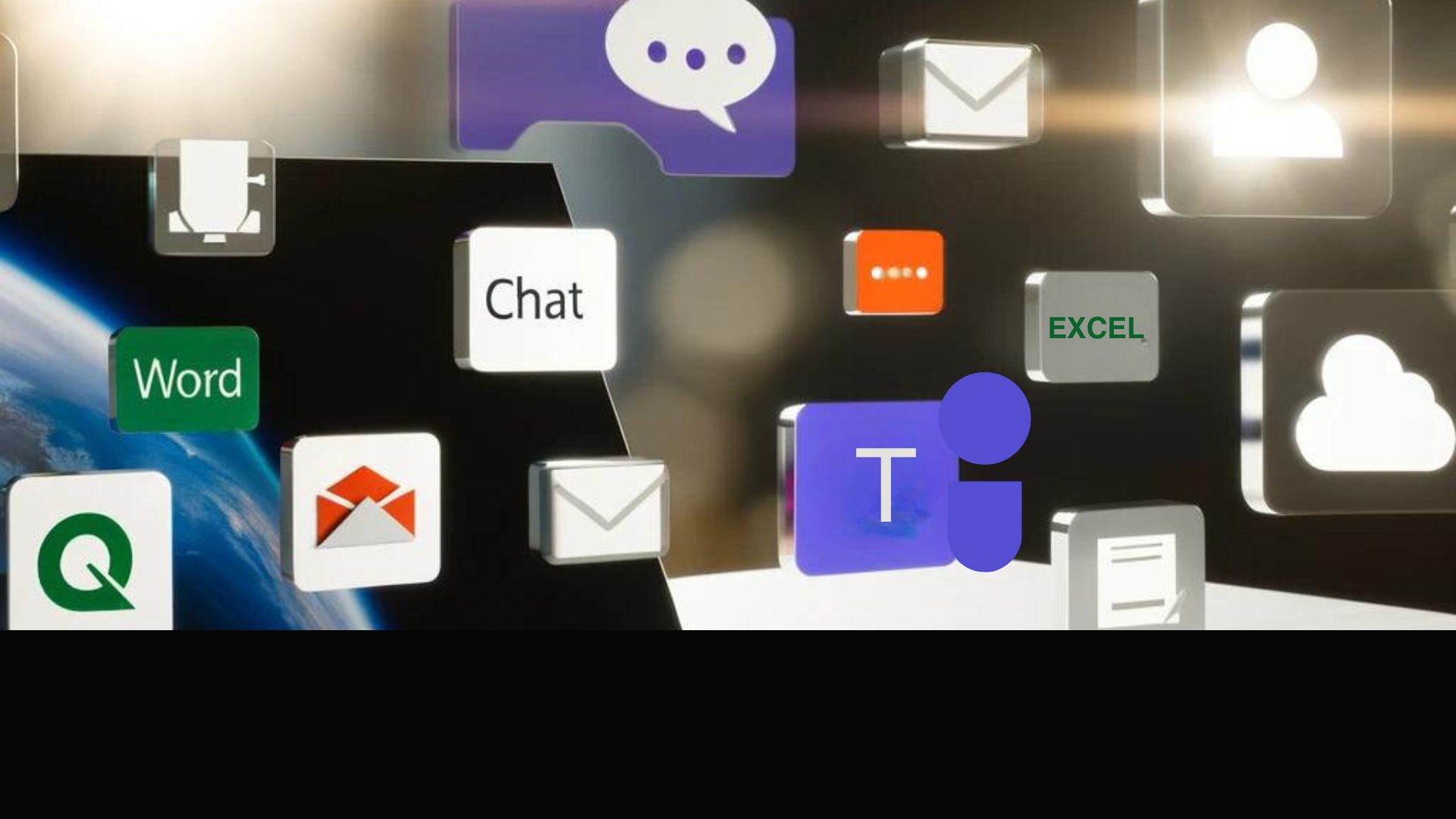 un portable est dans un environnement connecté , des icones représentent des e-mails, des chats bot, excel, messagerie, teams, le cloud.