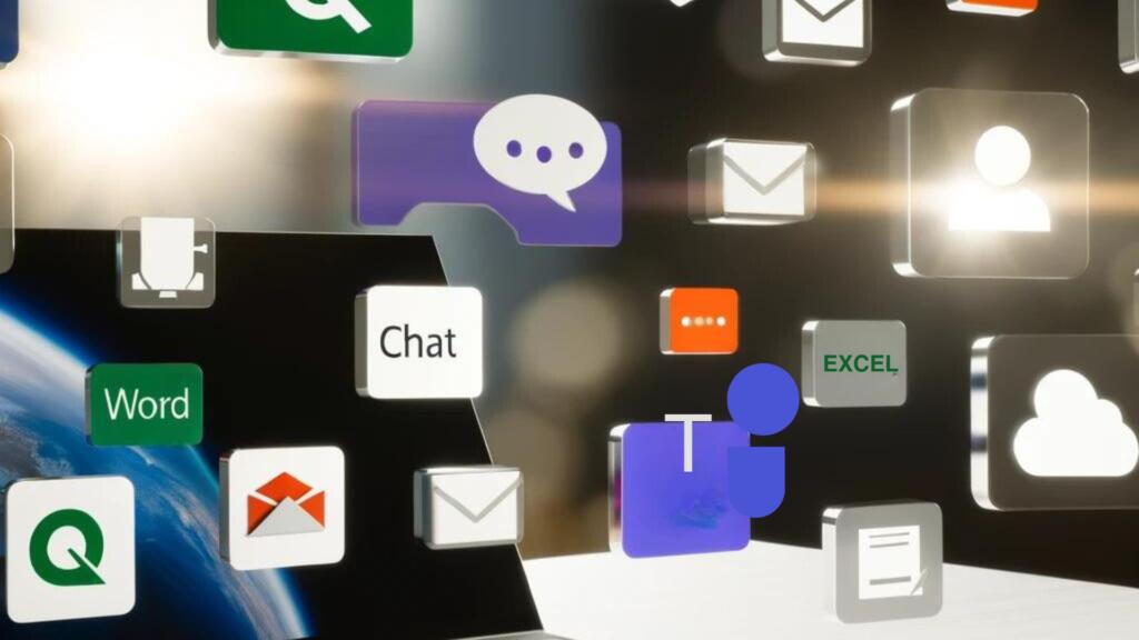 un portable est dans un environnement connecté , des icones représentent des e-mails, des chats bot, excel, messagerie, teams, le cloud.