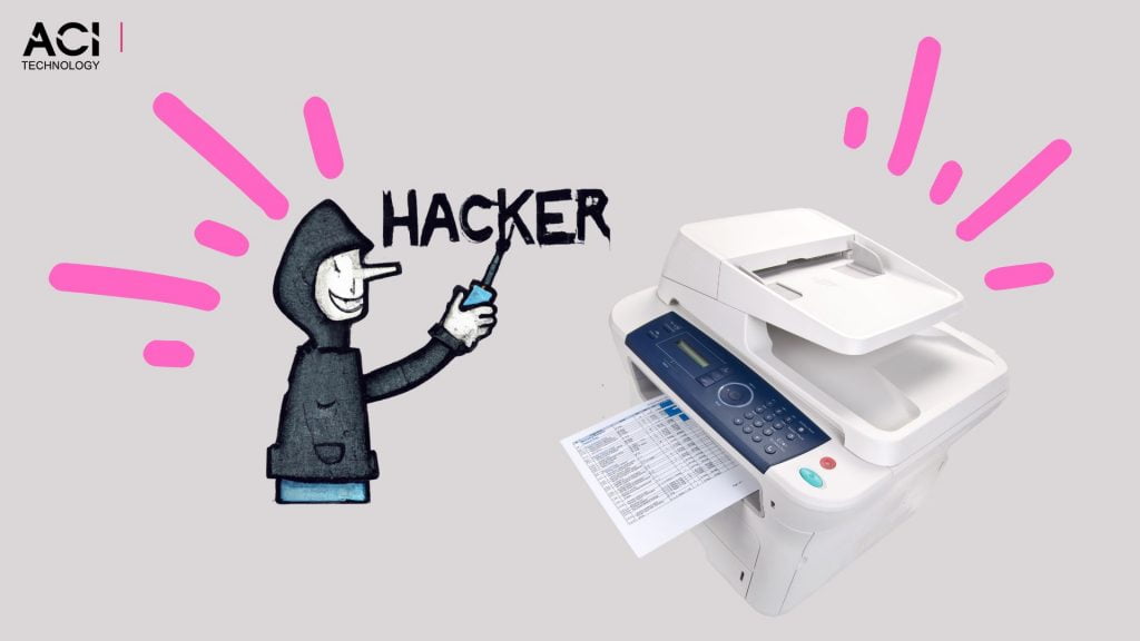 représentation d'un hacker au gauche d'une imprimante avec des graffitis rose par dessus