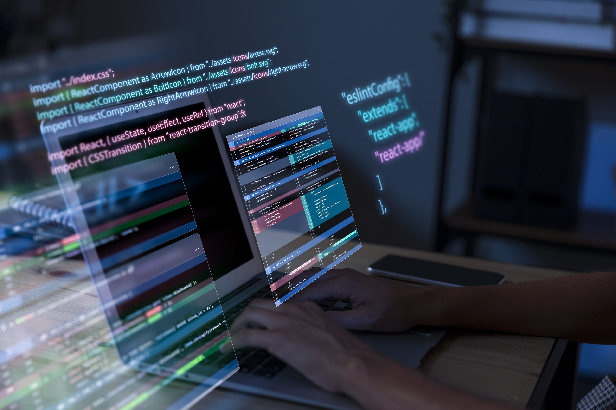 Développeur travaillant sur du code logiciel avec supervision applicative sur environnement informatique sécurisé