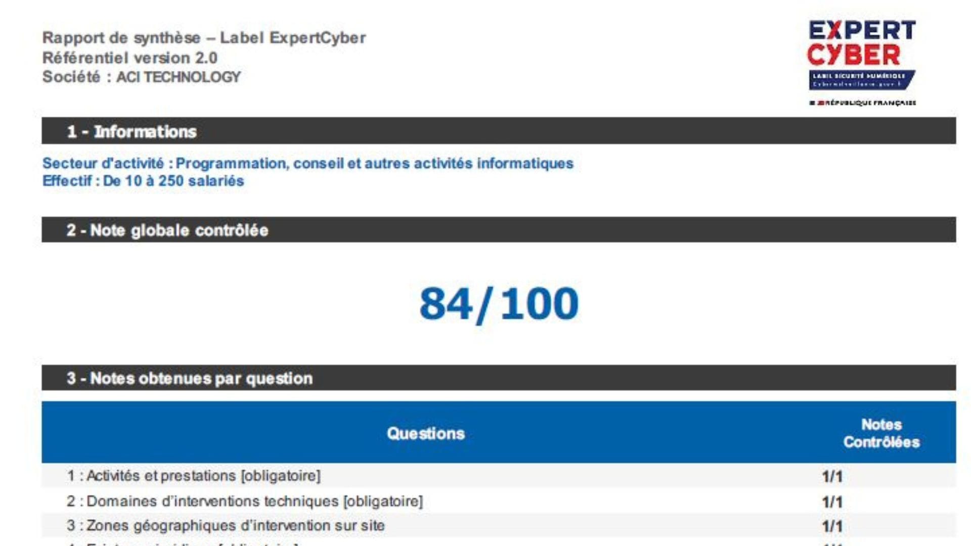 Label ExpertCyber note évaluation AFNOR pour le compte de cybermalveillance.gouv ACI Technology