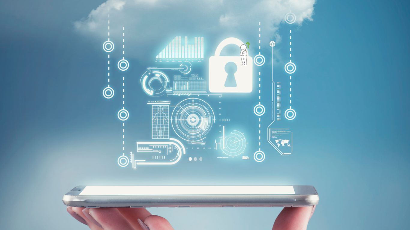 un smartphone avec au dessus les données échangées vers le cloud et un cadenas pour illustrer la sécurité.