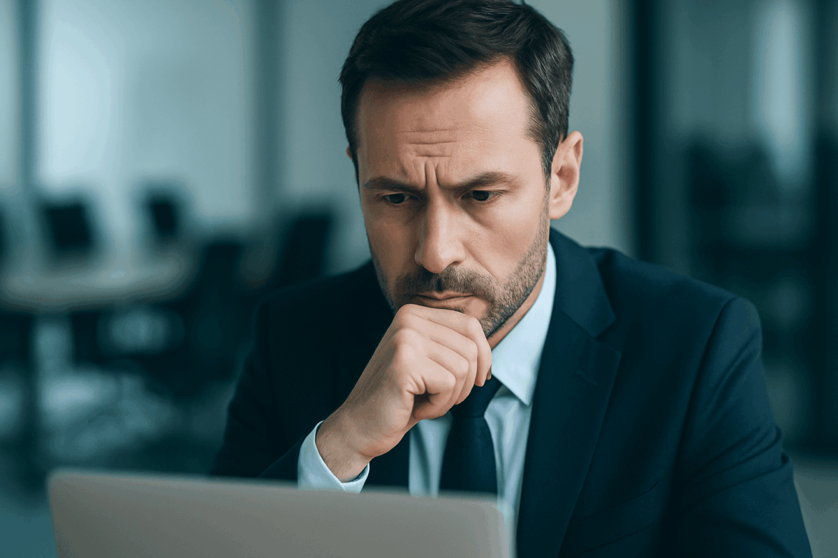 Cadre préoccupé devant son écran, illustrant les enjeux de gouvernance IT en PME
