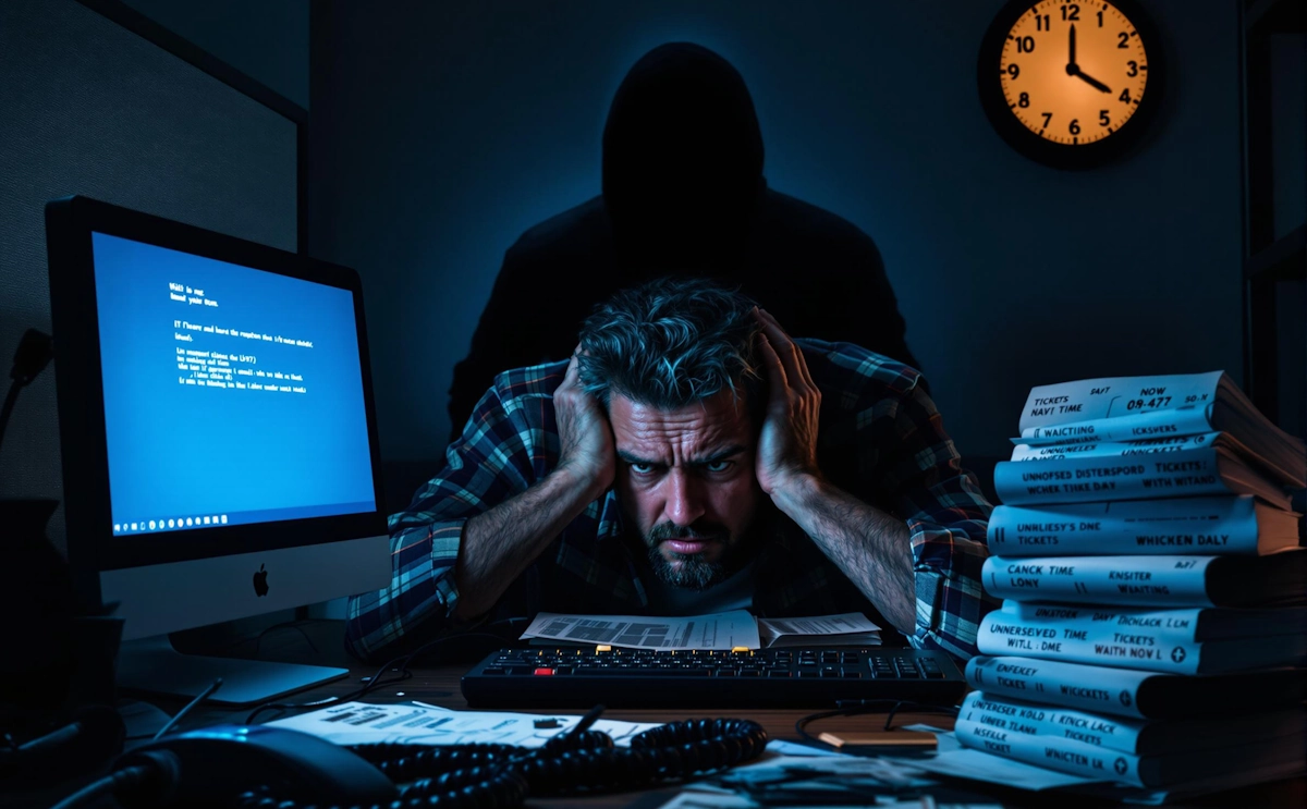 Employé de PME confronté à une panne informatique, illustrant les fausses promesses d’une assistance informatique PME mal encadrée.