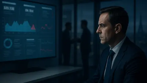 Dirigeant d’entreprise en costume observant un tableau de bord illisible dans une salle de réunion à Paris, symbole du faux contrôle en infogérance