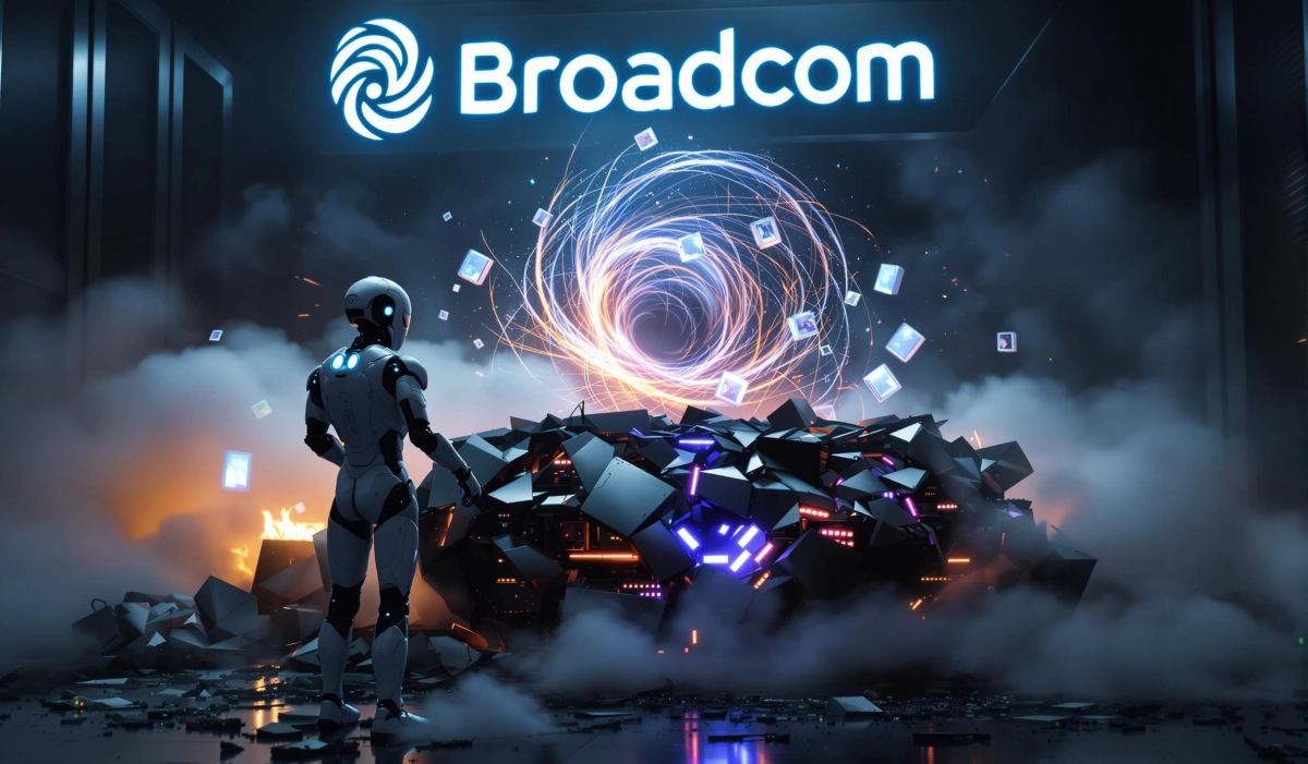Hyperviseur VMware 2025 sous tension : serveur en surchauffe observé par une IA, avec le logo Broadcom et des conteneurs flottants en arrière-plan