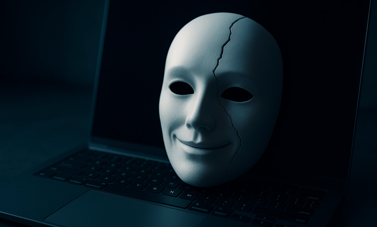 Masque blanc souriant fissuré posé sur un clavier d’ordinateur portable, symbole d’une UX séduisante mais vulnérable