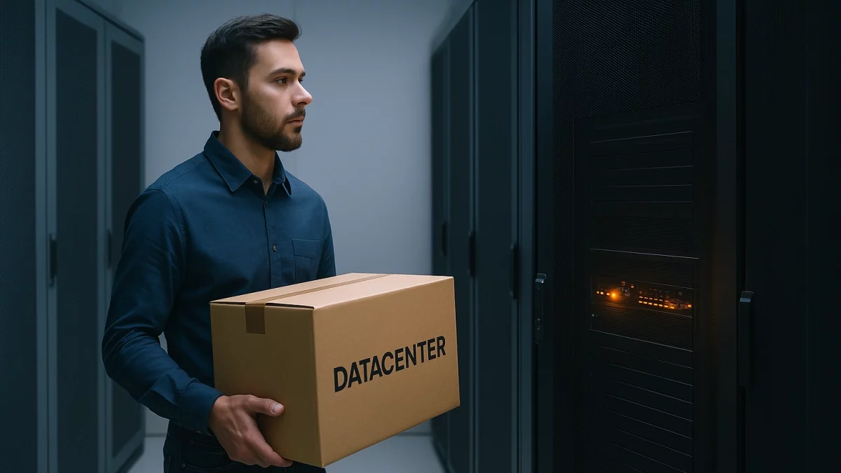 Homme transportant un serveur vers un datacenter, illustrant la migration IT et le modèle housing en entreprise.