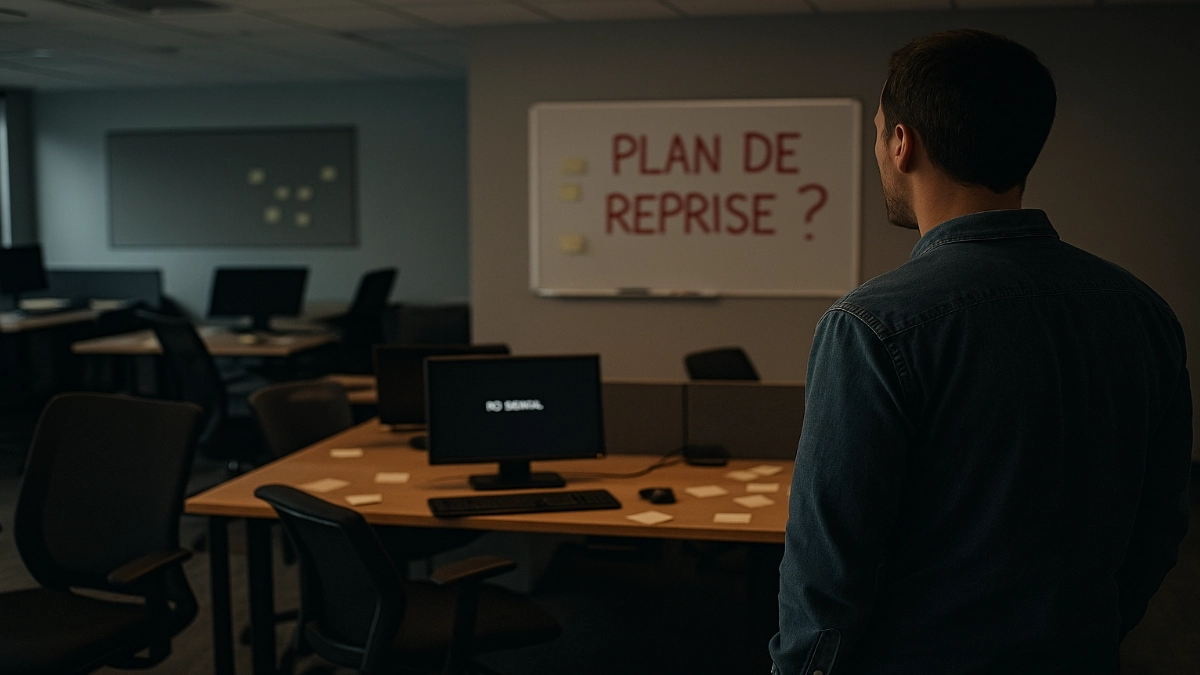 Un homme vu de dos observe un tableau blanc affichant “Plan de reprise ?” dans un bureau vide, symbole d’une sauvegarde chiffrée non restaurable après attaque.