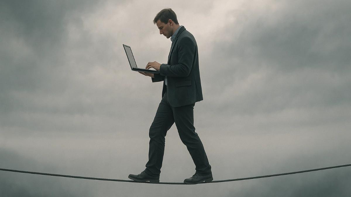 Personne travaillant sur un ordinateur portable en équilibre sur un fil au-dessus du vide, symbole du Shadow IT et de l'illusion de contrôle numérique