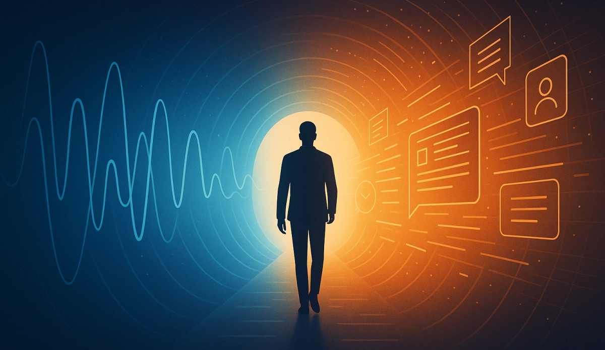 Silhouette professionnelle avançant dans un tunnel symbolisant la transformation de la VoIP par l’intelligence artificielle