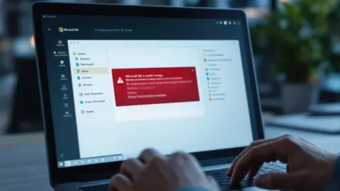 Alerte Microsoft 365 visible à l’écran d’un ordinateur avec les mains d’un utilisateur sur le clavier, symbolisant un incident après migration