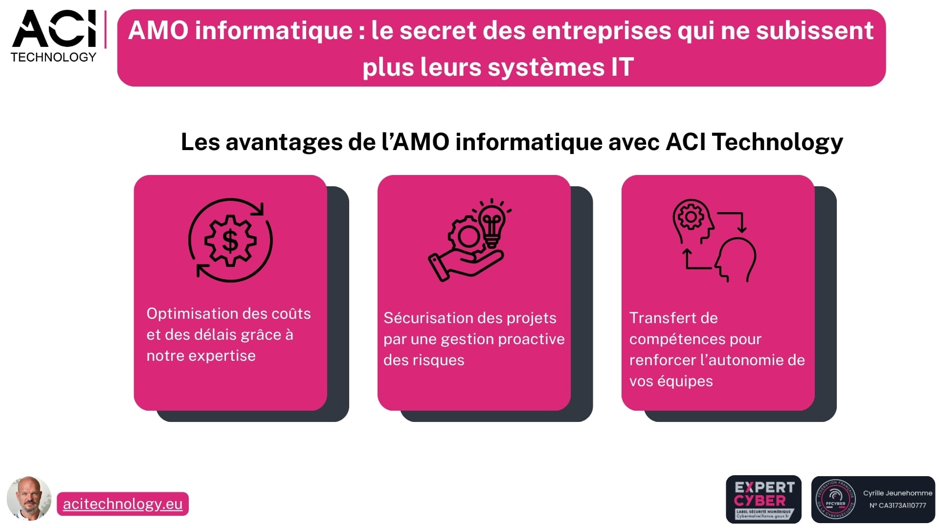 Infographie présentant les avantages de l’AMO informatique : optimisation des coûts, sécurisation des projets IT et transfert de compétences