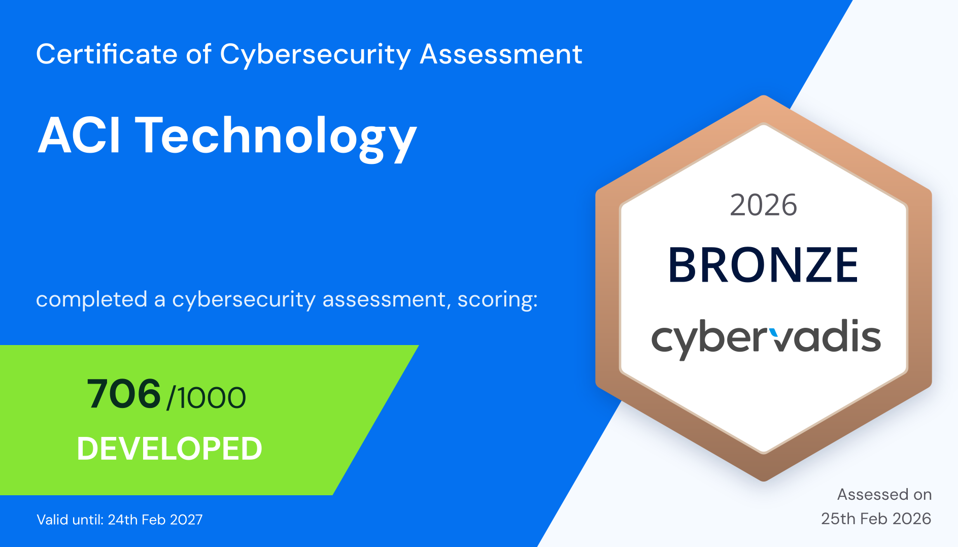 Certificat CyberVadis 2026 ACI Technology niveau Bronze avec score 706 sur 1000 en cybersécurité