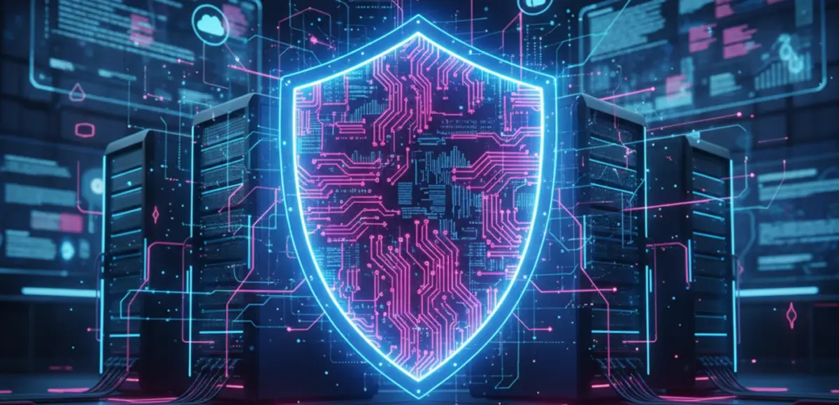 Illustration d’un bouclier numérique protégeant des serveurs, symbolisant la complémentarité entre infogérance et cybersécurité pour les PME.