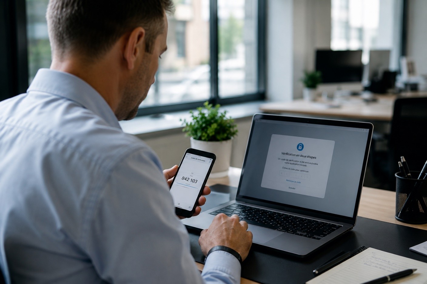 Collaborateur utilisant la double authentification sur smartphone pour sécuriser l'accès à son ordinateur professionnel