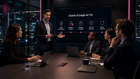 Réunion d’entreprise sur une charte d’usage de l’IA avec validation humaine, sécurité et protection des données