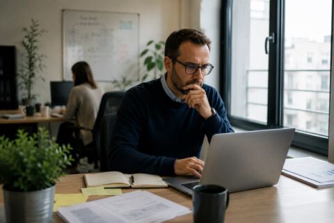 Responsable informatique analysant les risques de cybersécurité d'une PME sur son ordinateur portable