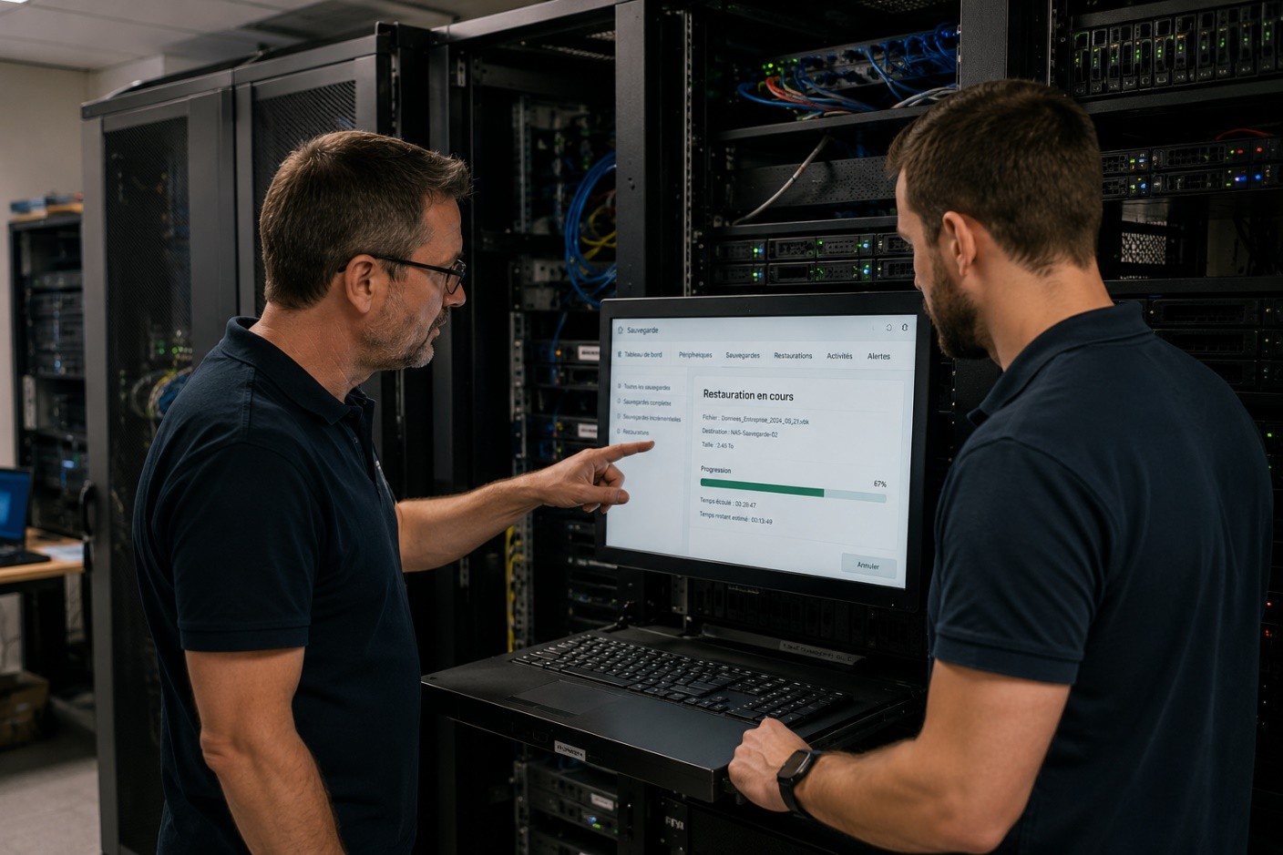 Techniciens informatiques supervisant la restauration d'une sauvegarde sur un serveur d'entreprise après un incident de cybersécurité
