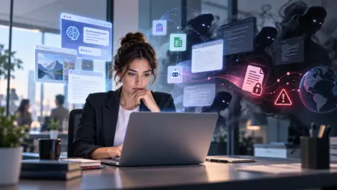 Salariée utilisant des outils d’IA non supervisés illustrant les risques du Shadow AI en entreprise