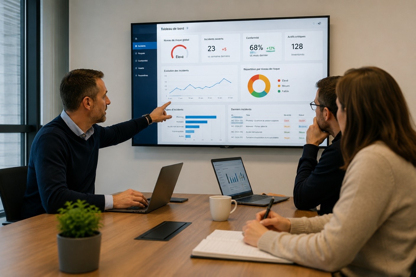 Réunion d'équipe autour d'un tableau de bord de cybersécurité présentant les risques et les incidents d'une PME