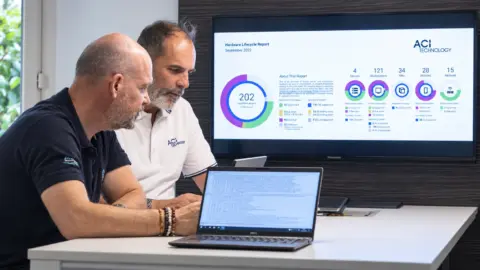 Deux collaborateurs ACI Technology consultent un ordinateur portable devant un tableau de bord du parc informatique.