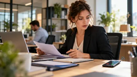 Professionnelle occupée à son bureau alors qu'un appel entrant s'affiche sur son smartphone.