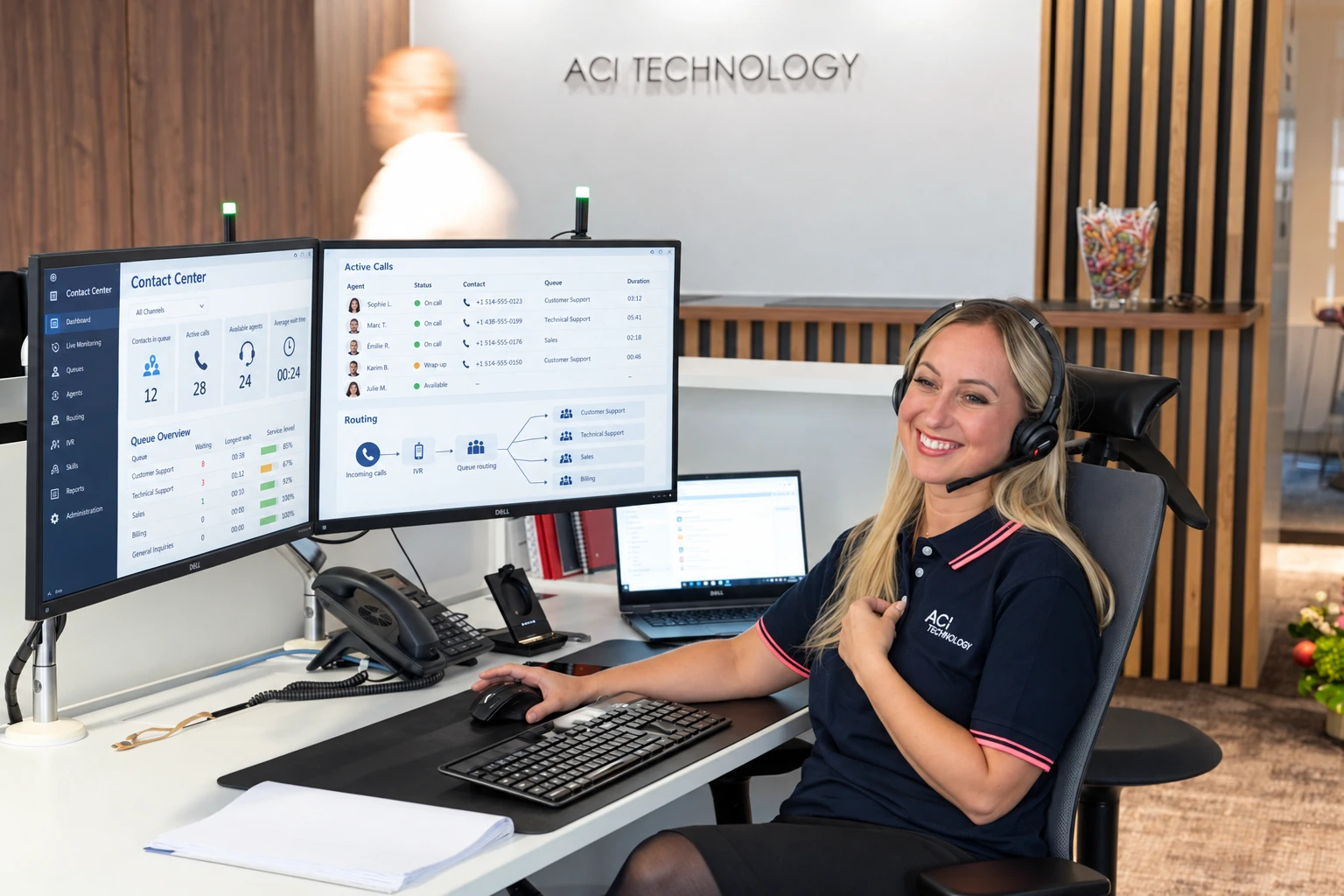 Collaboratrice ACI Technology utilisant une solution de centre de contact pour entreprise.