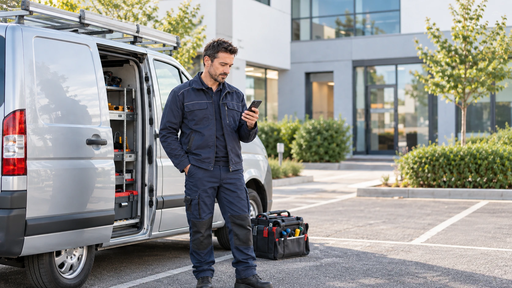 Technicien consultant son smartphone à côté d’un véhicule utilitaire et d’un sac à outils.