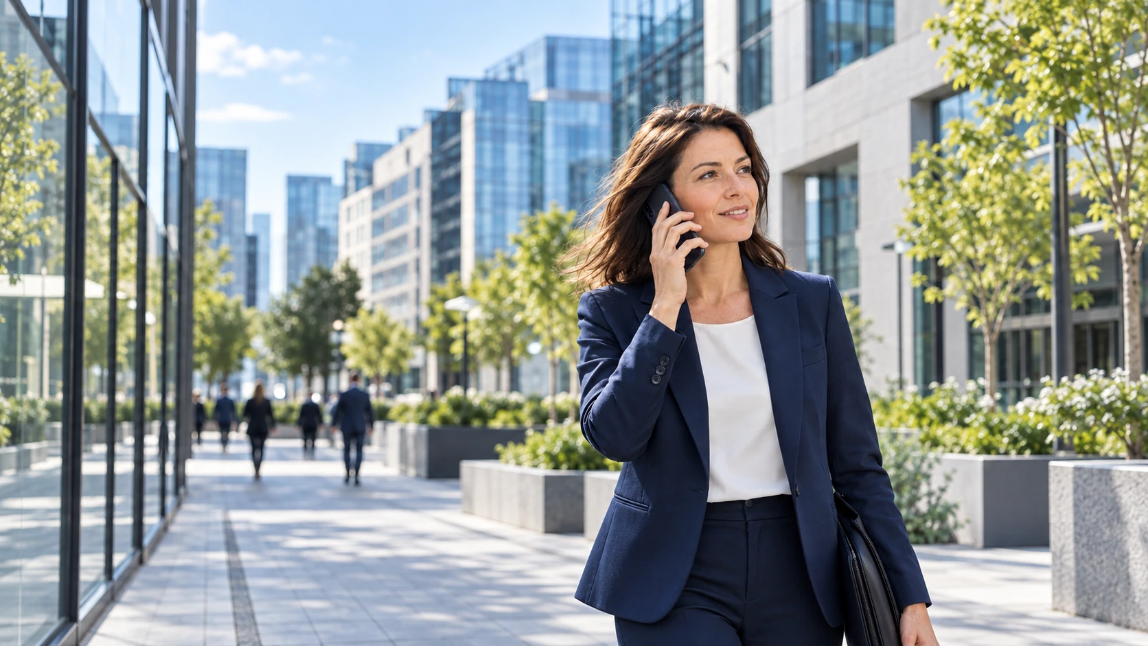 Professionnelle passant un appel sur son smartphone devant des immeubles de bureaux.