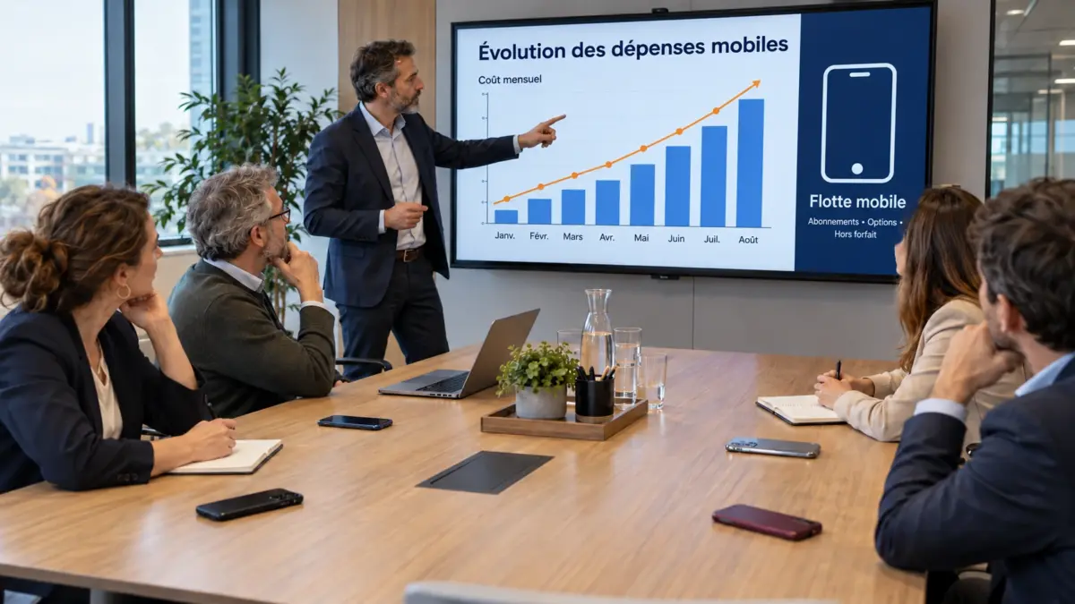 Équipe réunie autour d’une table avec plusieurs smartphones, face à un écran présentant la hausse des dépenses mobiles.
