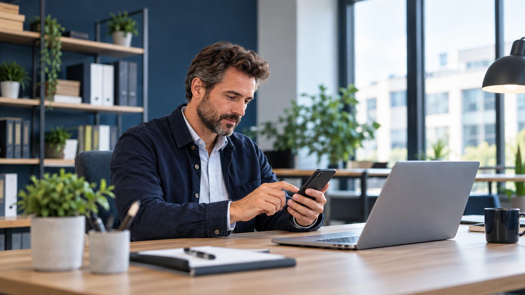 Collaborateur consultant son smartphone à son bureau, à côté d’un ordinateur portable.